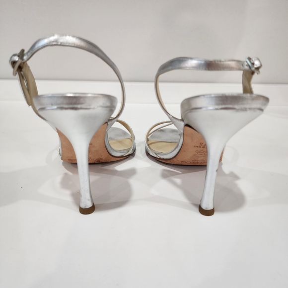 JIMMY CHOO Jasmin 105 Metallic Silver Nappa Leather Strappy Sandals Sz 37.5 - Picture 6 of 13